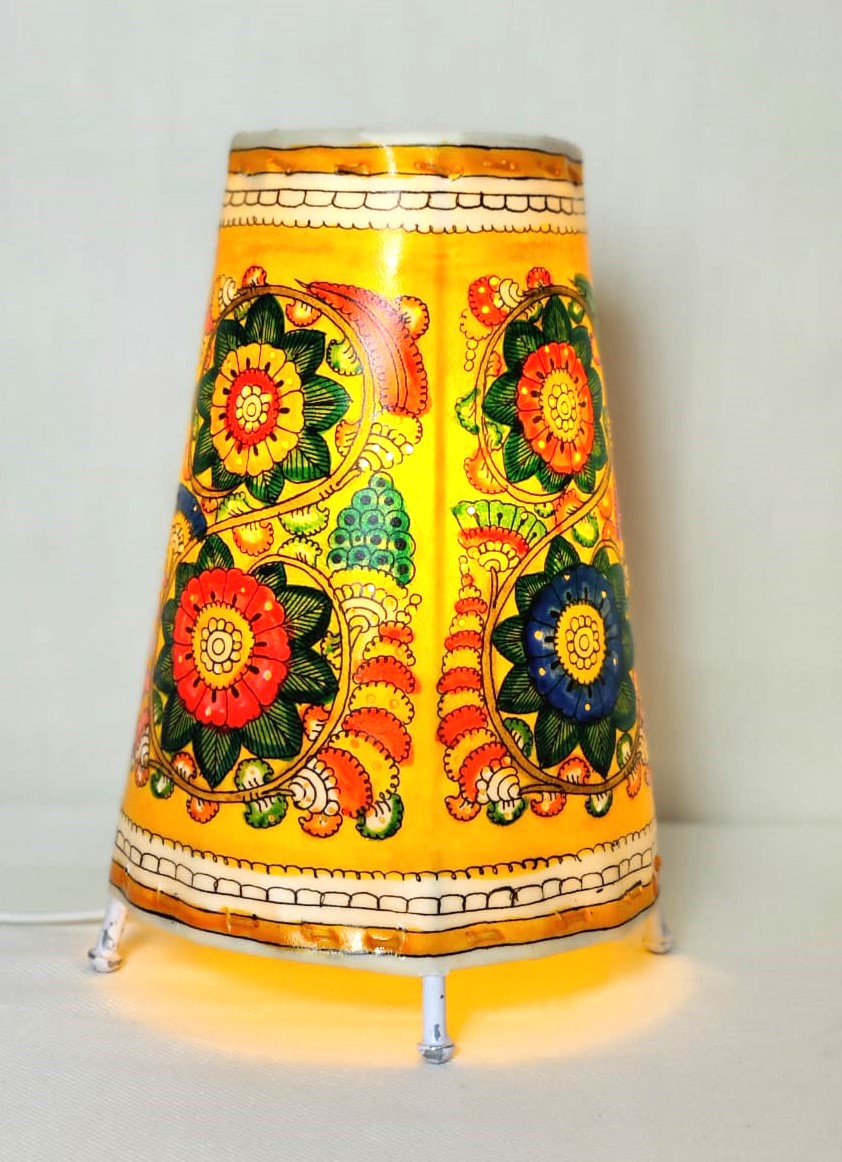 EchoCraft Andhra Handicraft Leather Round Table Lamp for Home Decoration | Handmade Traditional Art Lamp with 6 Feet Bulb Holder, Ethnic Leather Craft Décor Light (8 inches)