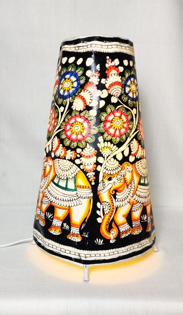 EchoCraft Andhra Handicraft Leather Round Table Lamp for Home Decoration | Handmade Traditional Art Lamp with 6 Feet Bulb Holder, Ethnic Leather Craft Décor Light (12 inches)