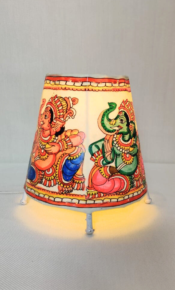 EchoCraft Andhra Handicraft Leather Round Table Lamp for Home Decoration | Handmade Traditional Art Lamp with 6 Feet Bulb Holder, Ethnic Leather Craft Décor Light (5 inches)