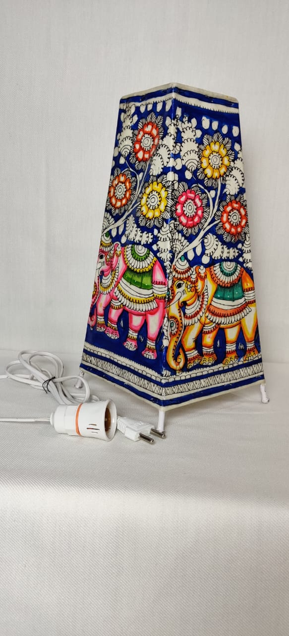 EchoCraft Andhra Handicraft Leather Square Table Lamp for Home Decoration | Handmade Traditional Art Lamp with 6 Feet Bulb Holder | Ethnic Leather Craft Décor Light (12 inches)