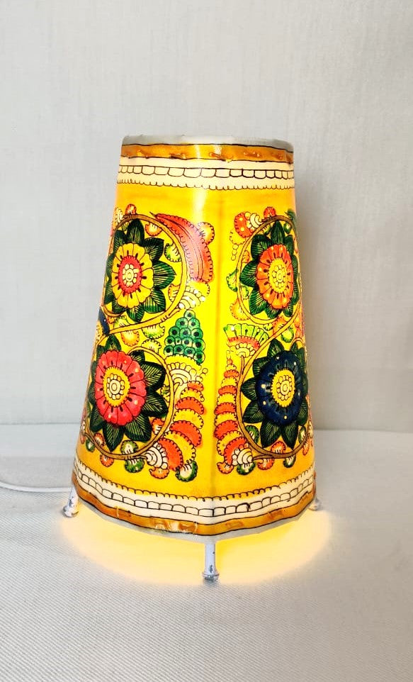 EchoCraft Andhra Handicraft Leather Round Table Lamp for Home Decoration | Handmade Traditional Art Lamp with 6 Feet Bulb Holder, Ethnic Leather Craft Décor Light (8 inches)