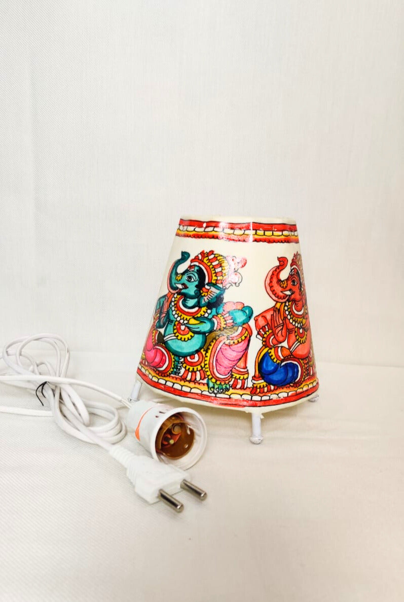 EchoCraft Andhra Handicraft Leather Round Table Lamp for Home Decoration | Handmade Traditional Art Lamp with 6 Feet Bulb Holder, Ethnic Leather Craft Décor Light (5 inches)