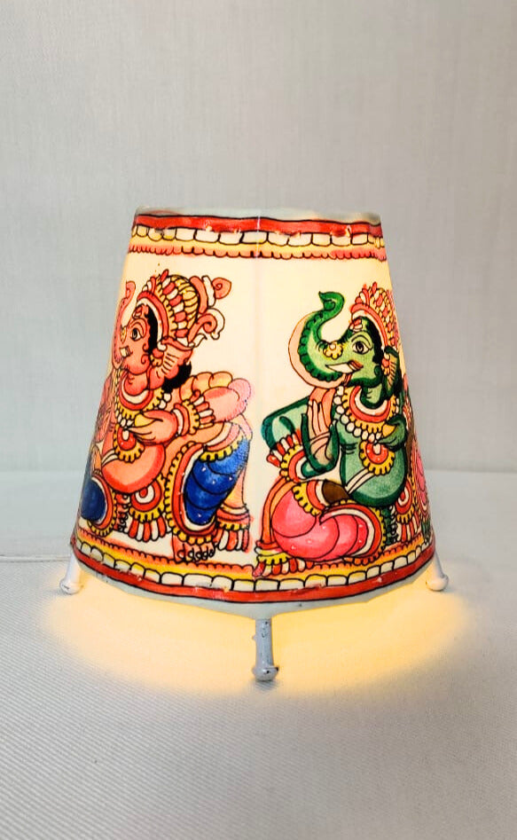 EchoCraft Andhra Handicraft Leather Round Table Lamp for Home Decoration | Handmade Traditional Art Lamp with 6 Feet Bulb Holder, Ethnic Leather Craft Décor Light (5 inches)