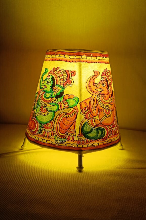 EchoCraft Andhra Handicraft Leather Round Table Lamp for Home Decoration | Handmade Traditional Art Lamp with 6 Feet Bulb Holder, Ethnic Leather Craft Décor Light (5 inches)