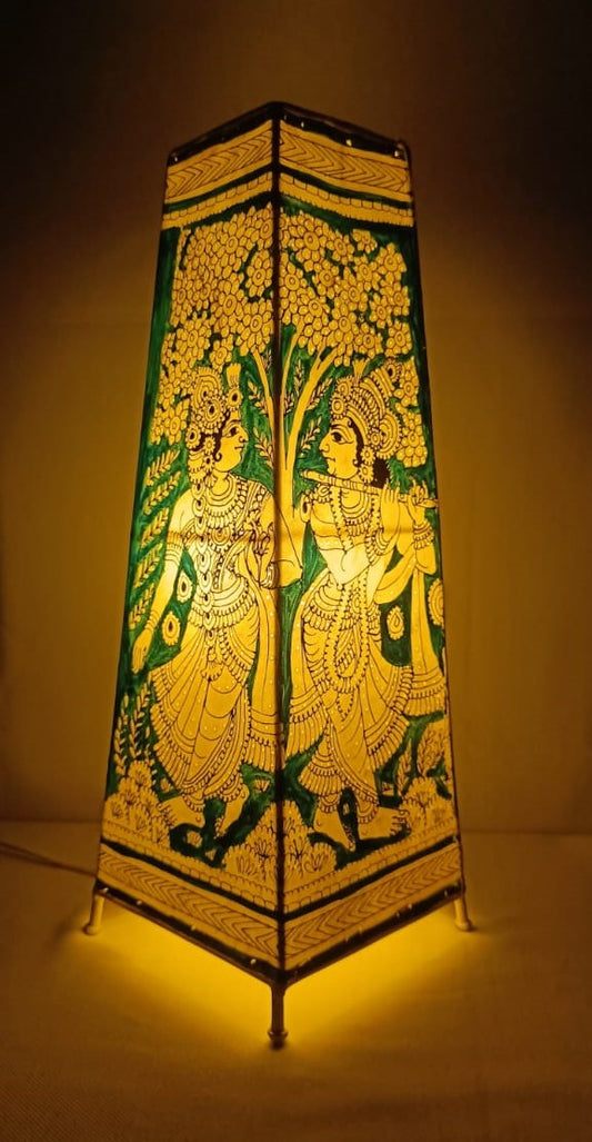 EchoCraft Andhra Handicraft Leather Square Table Lamp for Home Decoration | Handmade Traditional Art Lamp with 6 Feet Bulb Holder | Ethnic Leather Craft Décor Light (16 inches)