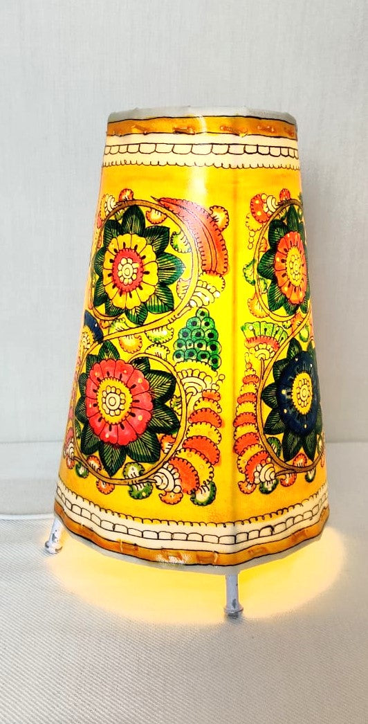 EchoCraft Andhra Handicraft Leather Round Table Lamp for Home Decoration | Handmade Traditional Art Lamp with 6 Feet Bulb Holder, Ethnic Leather Craft Décor Light (8 inches)