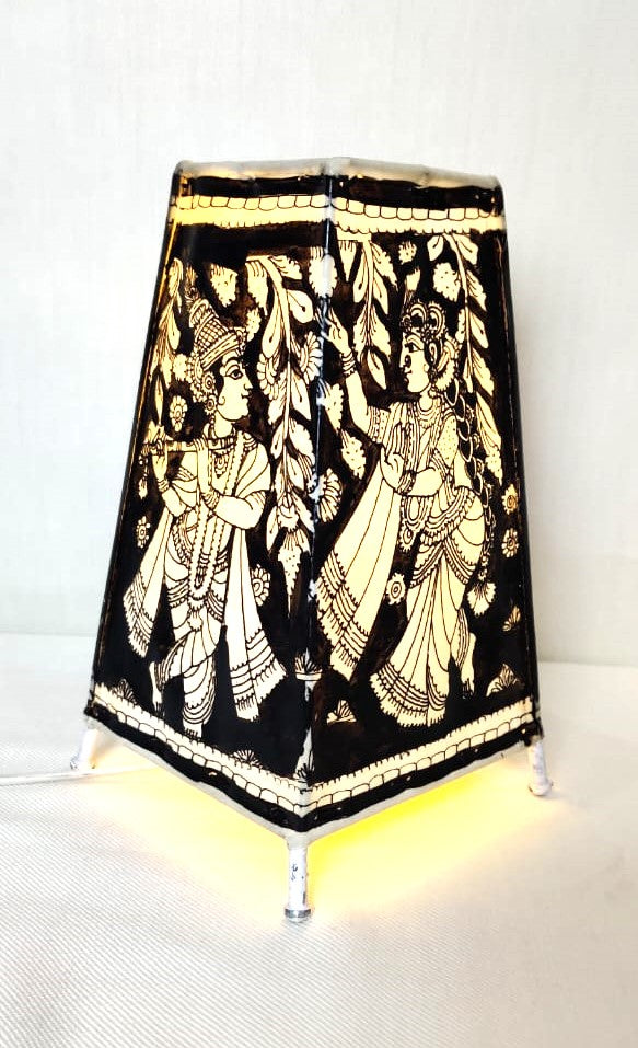 EchoCraft Andhra Handicraft Leather Square Table Lamp for Home Decoration | Handmade Traditional Art Lamp with 6 Feet Bulb Holder | Ethnic Leather Craft Décor Light (8 inches)