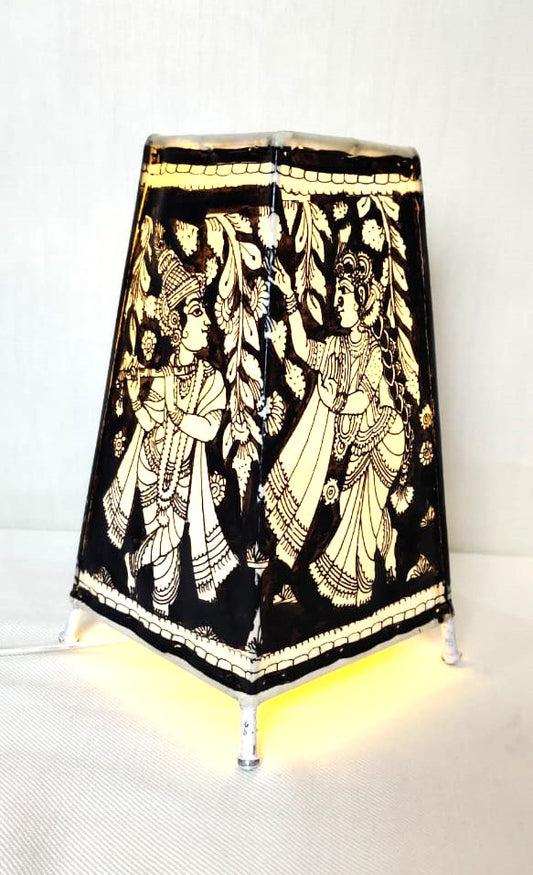 EchoCraft Andhra Handicraft Leather Square Table Lamp for Home Decoration | Handmade Traditional Art Lamp with 6 Feet Bulb Holder | Ethnic Leather Craft Décor Light (8 inches)