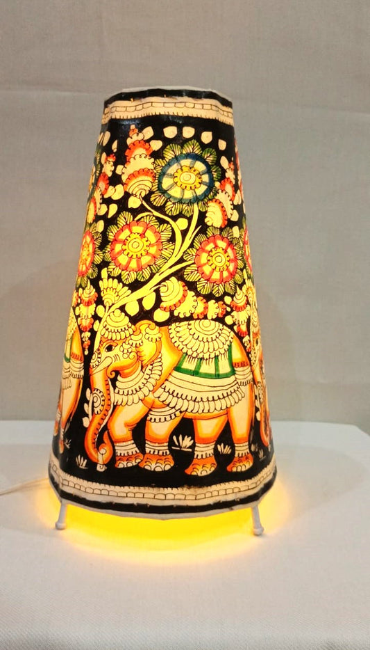 EchoCraft Andhra Handicraft Leather Round Table Lamp for Home Decoration | Handmade Traditional Art Lamp with 6 Feet Bulb Holder, Ethnic Leather Craft Décor Light (12 inches)