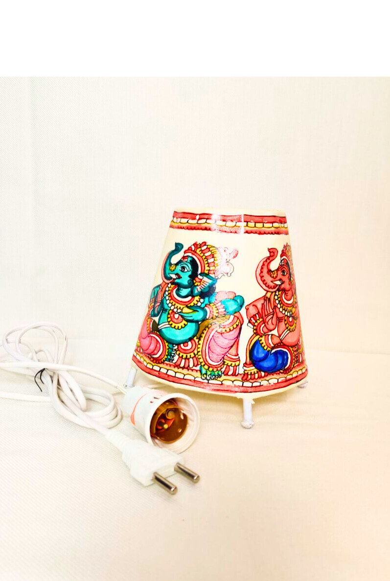 EchoCraft Andhra Handicraft Leather Round Table Lamp for Home Decoration | Handmade Traditional Art Lamp with 6 Feet Bulb Holder, Ethnic Leather Craft Décor Light (5 inches)