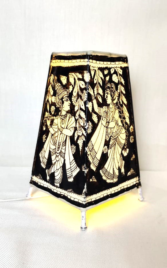 EchoCraft Andhra Handicraft Leather Square Table Lamp for Home Decoration | Handmade Traditional Art Lamp with 6 Feet Bulb Holder | Ethnic Leather Craft Décor Light (8 inches)