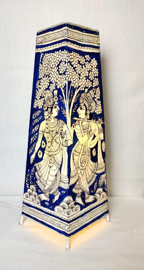 EchoCraft Andhra Handicraft Leather Square Table Lamp for Home Decoration | Handmade Traditional Art Lamp with 6 Feet Bulb Holder | Ethnic Leather Craft Décor Light (16 inches)