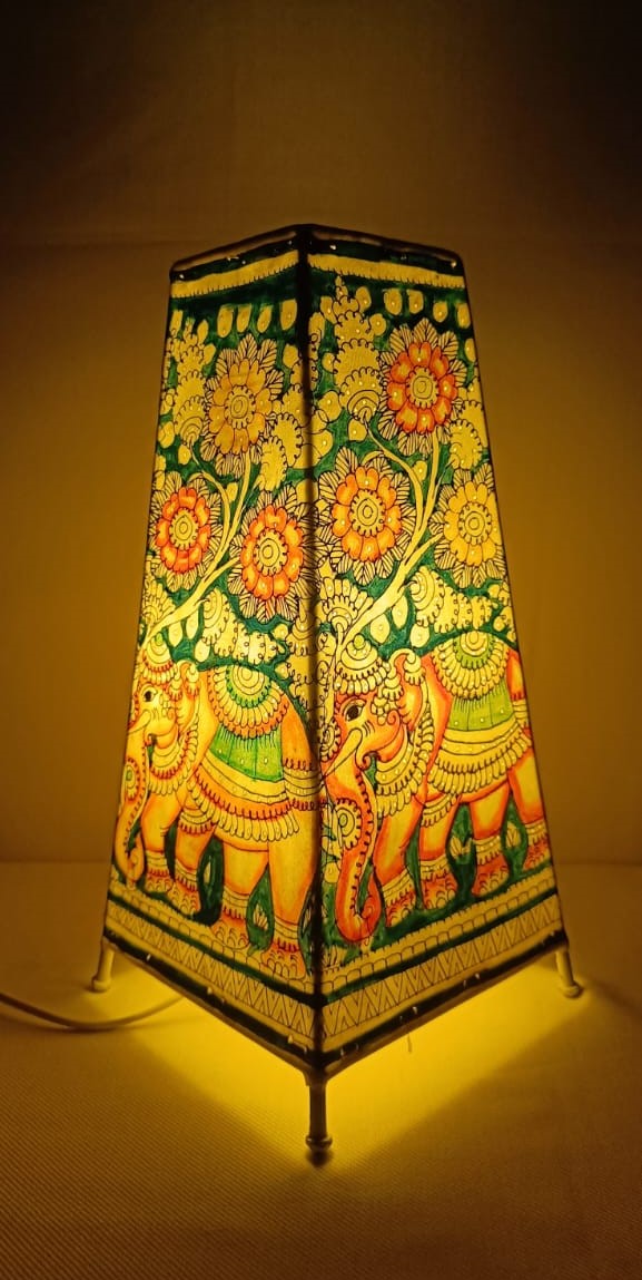 EchoCraft Andhra Handicraft Leather Square Table Lamp for Home Decoration | Handmade Traditional Art Lamp with 6 Feet Bulb Holder | Ethnic Leather Craft Décor Light (12 inches)