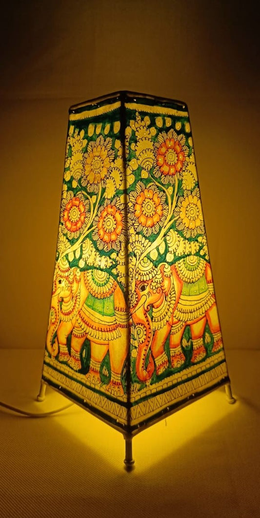 EchoCraft Andhra Handicraft Leather Square Table Lamp for Home Decoration | Handmade Traditional Art Lamp with 6 Feet Bulb Holder | Ethnic Leather Craft Décor Light (12 inches)