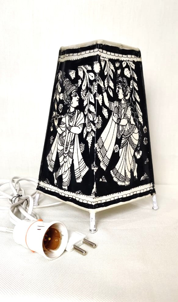 EchoCraft Andhra Handicraft Leather Square Table Lamp for Home Decoration | Handmade Traditional Art Lamp with 6 Feet Bulb Holder | Ethnic Leather Craft Décor Light (8 inches)