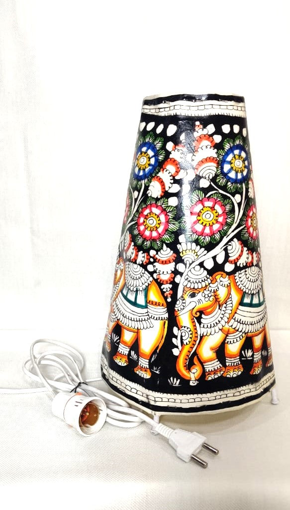 EchoCraft Andhra Handicraft Leather Round Table Lamp for Home Decoration | Handmade Traditional Art Lamp with 6 Feet Bulb Holder, Ethnic Leather Craft Décor Light (12 inches)