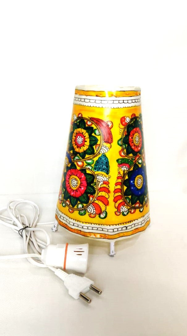 EchoCraft Andhra Handicraft Leather Round Table Lamp for Home Decoration | Handmade Traditional Art Lamp with 6 Feet Bulb Holder, Ethnic Leather Craft Décor Light (8 inches)