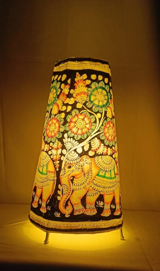 EchoCraft Andhra Handicraft Leather Round Table Lamp for Home Decoration | Handmade Traditional Art Lamp with 6 Feet Bulb Holder, Ethnic Leather Craft Décor Light (12 inches)