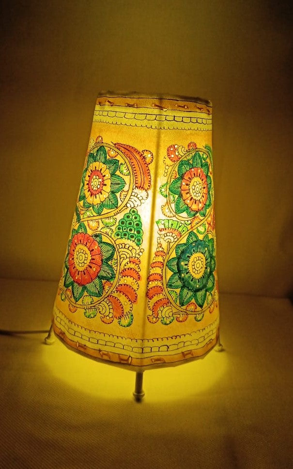 EchoCraft Andhra Handicraft Leather Round Table Lamp for Home Decoration | Handmade Traditional Art Lamp with 6 Feet Bulb Holder, Ethnic Leather Craft Décor Light (8 inches)